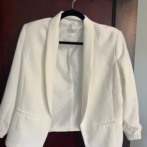Mural White Blazer Cropped Shawl Lapel